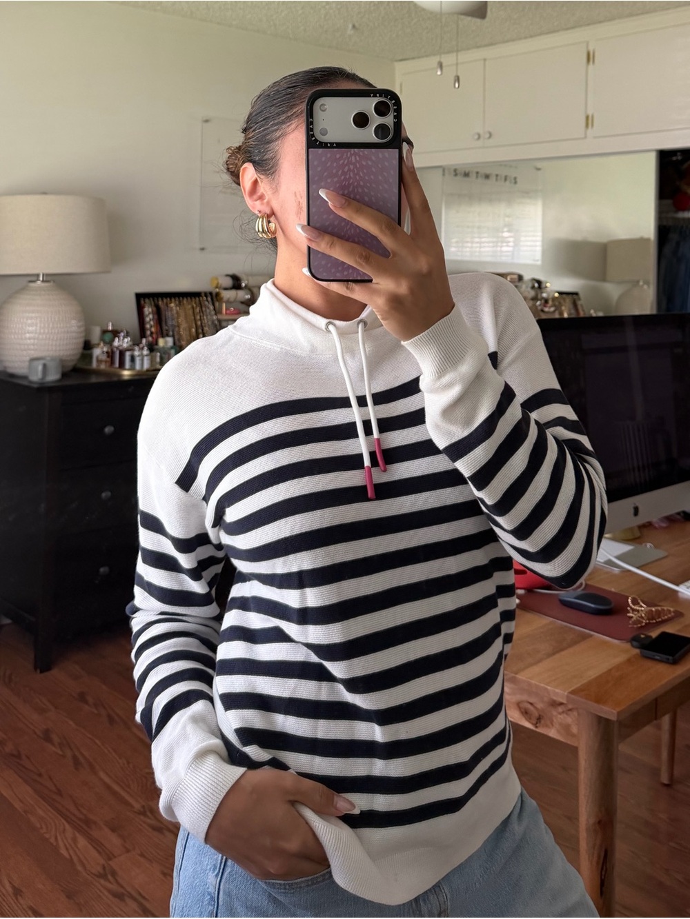 Striped Scuba Neck Sweater Top